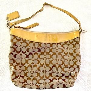 Coach Signature Brown & Tan Purse with Lavender Lining, Pockets and Hang Tag